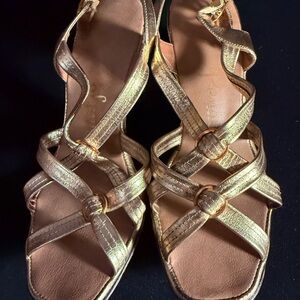 🖤 True Vintage 🖤 Elegant Gold Strappy Leather Open Toe Sandals Heels 6 1/2